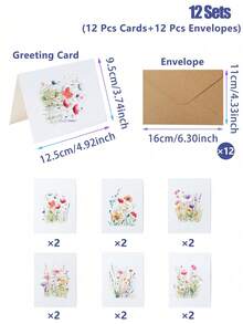 24张/12套花卉贺卡套装，6种不同设计，生日派对贺卡，节日庆祝好运贺卡，毕业祝福贺卡，适用于各种场合，可用作感谢卡、贺卡、慰问卡、办公用品、节日装饰和礼品标签、派对礼品，包含12张卡片和12个信封。 - 花卉 - 查看 9