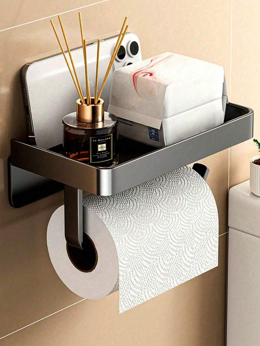 自粘式纸巾架，适用于厨房和浴室，带收纳架的纸巾卷分配器，哑光黑 - 彩色 - 查看 1