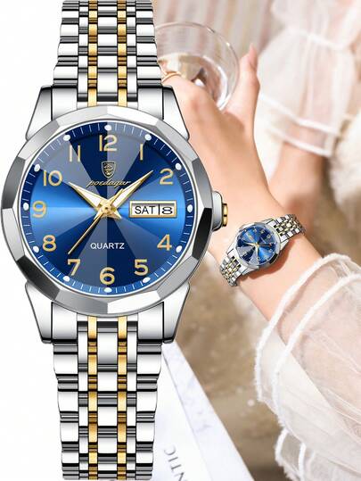 POEDAGAR 1 pieza Reloj de pulsera de mujer elegante de acero inoxidable con cuarzo azul, resistente al agua, luminoso, con doble visualización de fecha, reloj de lujo para dama, adecuado para uso diario, gran regalo para mujeres