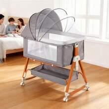 3-In-1 Crib Side Bassinet, Bedside Crib, Baby Bassinet With Storage Basket And Mosquito Net, Easy To Fold Bedside Adjustable Height Portable Crib For Infant/Baby/Newborn, Good Thing For Child Growth, Baby Need,Baby Stuff, Essential For New Mothers,Newborn Gift - Xám - Xem 1