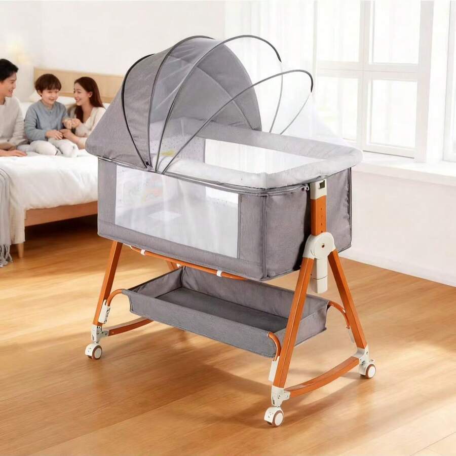 3-In-1 Crib Side Bassinet, Bedside Crib, Baby Bassinet With Storage Basket And Mosquito Net, Easy To Fold Bedside Adjustable Height Portable Crib For Infant/Baby/Newborn, Good Thing For Child Growth, Baby Need,Baby Stuff, Essential For New Mothers,Newborn Gift - Xám - Xem 1
