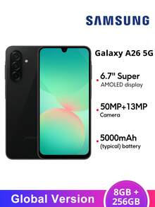 三星 Galaxy A26 5G 智能手机全球版，6.7 英寸 Super AMOLED 显示屏，120Hz 刷新率，5000 万像素 + 800 万像素 + 200 万像素三摄后置摄像头，IP67 防尘防水，Exynos 1380 处理器 *不含充电器 - 黑色 - 查看 8