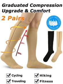 2 Pairs Zipper Compression Socks For Men And Women - Calf & Knee Support Stockings Compression Stockings, Side Zip Knee High Socks,Comfort And Breathability,Suitable For Sports - Multicolor - View 2