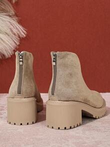 新款女士纯色套脚踝靴，时尚粗跟厚底美式短款机车靴，适合四季日常穿着 - 卡其色 - 查看 4