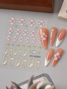 2pcs 5D Stickers For Nails Emboss Pink White Five-Petaled Flowers Gold Line Star Design Decals Slider Press On Manicure Accessories Nail Supplies Gifts For Women - Multicolor - View 5