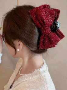 1个女士纯色亮面丝绸双面超大蝴蝶结发夹，打造优雅盘发造型；适合甜美日常、校园、派对、舞会及日常佩戴；情人节发夹，冬季发饰，女士爪夹，时尚发饰，优雅发爪 - 酒紅色 - 查看 2