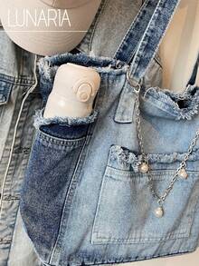 New Fashion Street Chain Decorated Jeans Tote Bag, Versatile Commuting Large Capacity Raw Edge Design Shoulder Bag, Casual Multi-Pocket Handbag, Suitable For Shopping And Commuting. - Nhiều màu - Xem 8