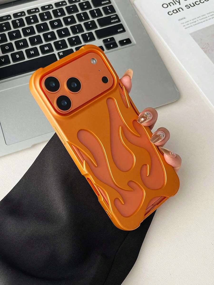 Y2K Metallic Fashion Silver Matte Spray Oil Cool Hollow Flame Pattern Shockproof TPU Protective Phone Case Cover Compatible With Iphone11/12/13/14/15/16/17 PROMAX Women's Day Gift - Orange - View 1