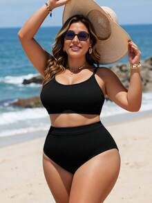 Swim Lushoire Plus Size Solid Color Minimalist Daily Swimsuit Bikini Set - Black - View 5