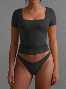 XLLAIS Women's Basic Solid Color Square Neck Short Sleeve Fitted T-Shirt, Black Casual Summer - Heather Grey - View 3