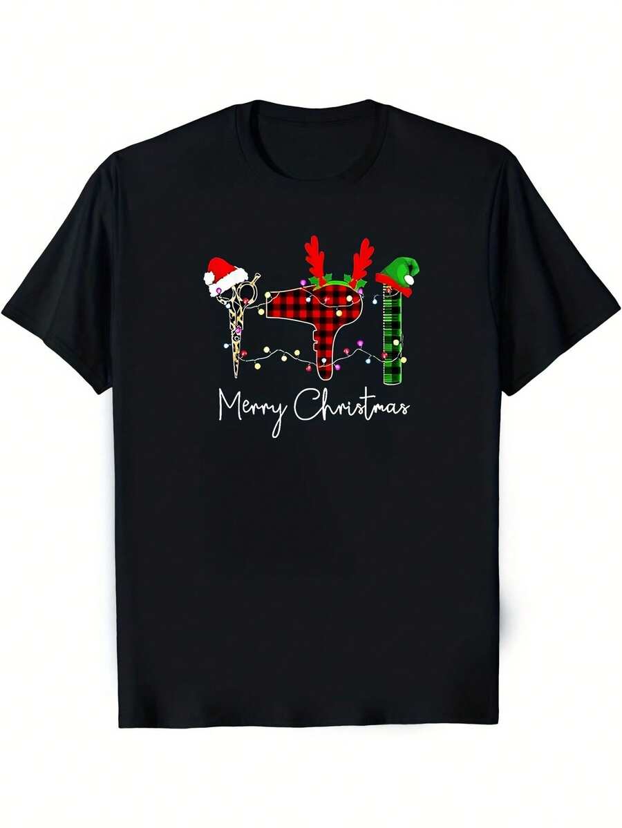 Camiseta de Peluquero de Navidad 100% Algodón para Hombres y Mujeres - Negra con Diseño de Salón Limpio y Ordenado Rojo/Verde (S-2XL) - Atuendo Duradero y Suave para Peluqueros, Ropa Casual y Eventos de Peluquería - Negro - Ver 1