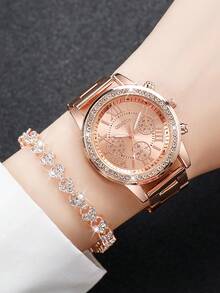 2pcs/Set Women's Steel Band Triple Eye Roman Scale Dial Quartz Wrist Watch + Bracelet - Rose Gold - View 2