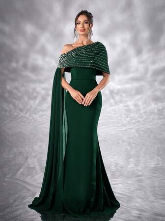 YISIKADO 女士优雅舞会礼服水钻单肩披肩无袖正式晚礼服美人鱼鱼尾下摆舞会礼服优雅婚礼宾客舞会派对宴会晚宴毕业成人仪式庆典音乐会红毯礼服