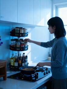 1个多层可旋转金属厨房调料架，简约黑色旋转调料瓶收纳架，适用于烹饪和日式料理，四季皆宜 - 黑色 - 查看 9