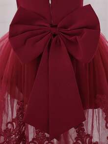 Lace Trim Bow Decor Sweet & Cute Princess Dress, Suitable For Outing And Holiday, Excluding Headband - 酒紅色 - 查看 10