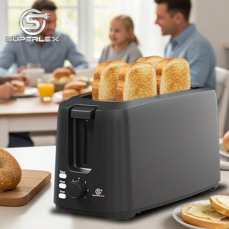 SUPERLEX 4-Scheiben-Toaster Mattschwarzer 1450W – Schnellaufheizung mit Aufwärm-, Auftau-, Abbruch- und Extra-Aufwärmfunktion, 7-Gang-Einstellung , LED-Statusanzeige, herausnehmbare Krümelschublade sowie einfache Reinigung, ausschließlich für Toast geeignet, ideal für Haushalt und Büro