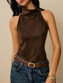 女士秋冬高领宽松背心，麂皮绒面料，后开衩设计，优雅波西米亚风，商务休闲办公装 - 棕色 - 查看 3