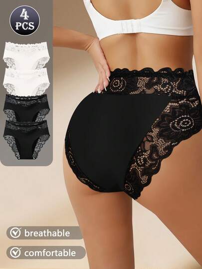 4pcs High Waist Lace Trim Women's Panties - Elegant Black & White Contrast Lace Underwear, Comfortable Stretchy Fabric, Suitable For Daily Wear And Special Occasions, Special Occasion Lingerie | Elegant Lingerie | Comfortable & Fitting
