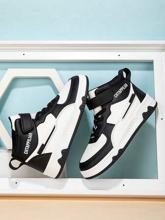 New Kids High-Top Leather Shoes, Convenient Hook And Loop Closure, Non-Slip Durable Outsole, Lightweight Soft Bottom, Fashionable Korean Style Casual Sneakers