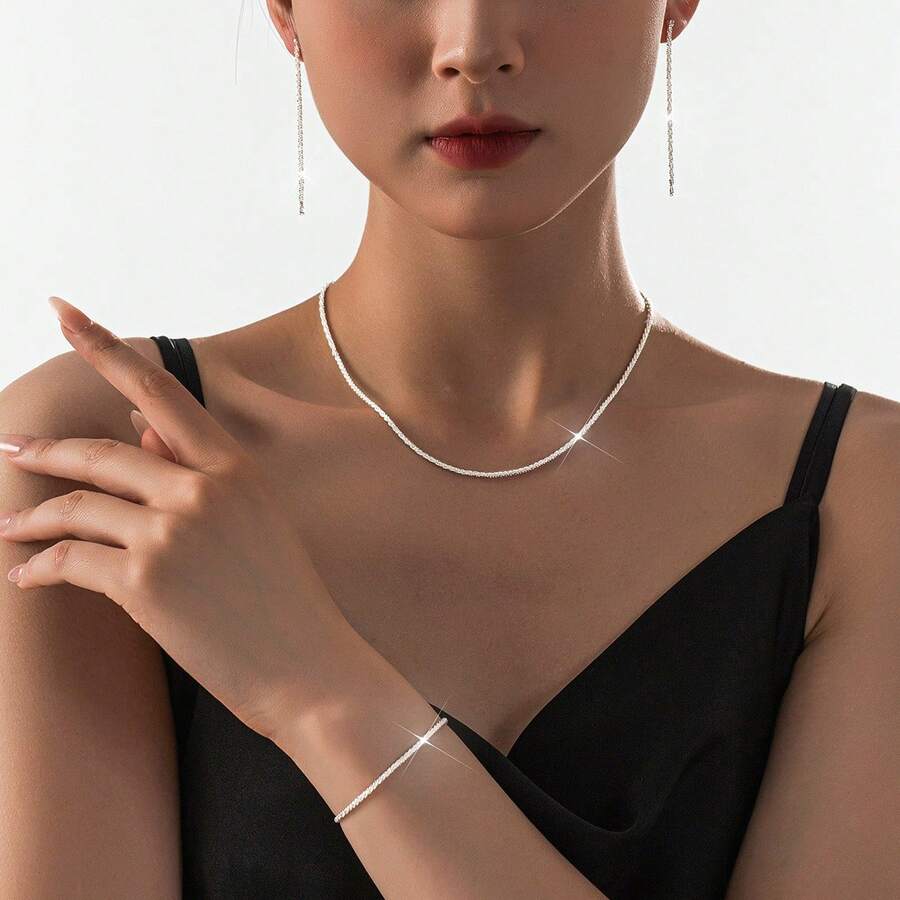 Fashion Shining Crystals Collarbone Necklace Bracelet Set; Luxury Simple Temperament Necklace Two-Piece Set - G-308 - 查看 1