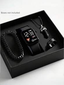 4/1pc Men's Fashionable And Simple LED Heart-Shaped Digital Display Electronic Watch, Suitable For Men To Wear, Equipped With Fashionable Bracelets, Necklaces, Ring Sets, Very Suitable For Daily Life Such As School, Men's Gatherings, And Travel. Birthday Gift, Graduation Season, Christmas, Perfect Gift For Men - Multicolor - View 11