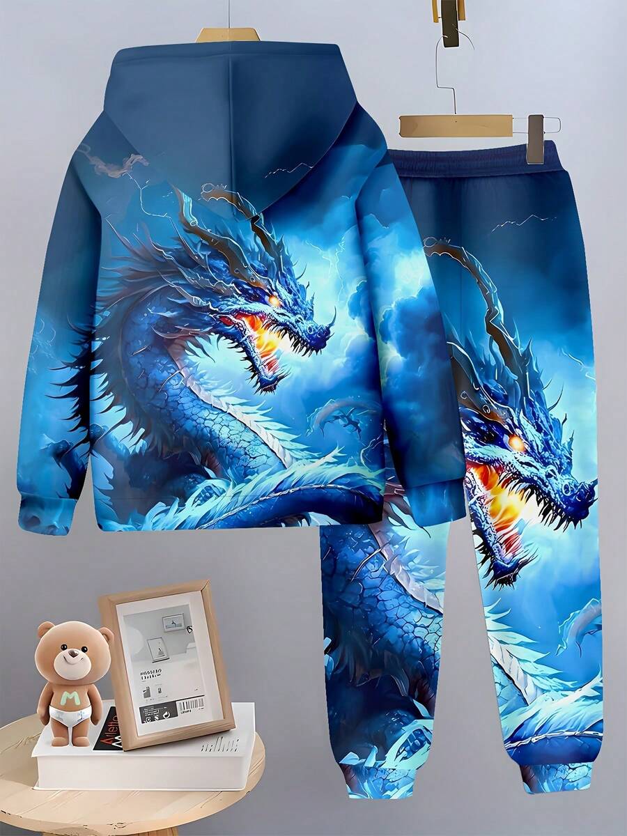 Boys' 3D Dragon Print Hoodie & Joggers Set - Casual, Comfy Polyester Outfit For Spring/Fall, Perfect For Outdoor - Phong cách - Xem 1