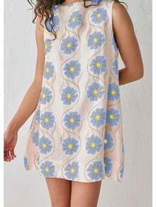 Women 2025 Summer Sleeveless Floral Short Shift Cotton Linen Loose Dress, Style - Màu vàng - Xem 10