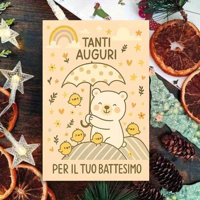 1 buah Kartu Ucapan Baptis Italia yang Menawan dengan Amplop - Desain "Ucapan Selamat Baptis Beruang & Anak Ayam", Elemen Hewan Lucu & Pesan Hangat, Cocok untuk Keluarga Italia & Pecinta Agama, Sempurna untuk Perayaan Baptis, Kartu Bertema Keagamaan | Kartu Ucapan Kertas | Kartu Perayaan, Dekorasi Gaya Baptis