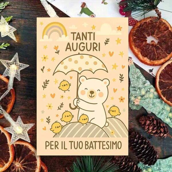 1 buah Kartu Ucapan Baptis Italia yang Menawan dengan Amplop - Desain "Ucapan Selamat Baptis Beruang & Anak Ayam", Elemen Hewan Lucu & Pesan Hangat, Cocok untuk Keluarga Italia & Pecinta Agama, Sempurna untuk Perayaan Baptis, Kartu Bertema Keagamaan | Kartu Ucapan Kertas | Kartu Perayaan, Dekorasi Gaya Baptis