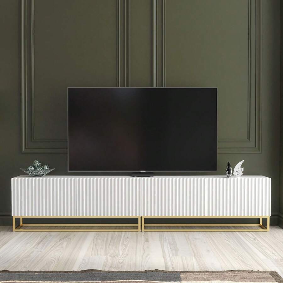 Ripple Duo TV Unit 200cm - Modern Fluted Design With Push To Open Doors - White - View 1