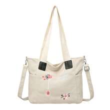 Bolso de hombro para mujer, con correa ajustable, bordado de flores, cierre de botón, bandolera - Blanco - Ver 6