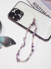 1pc Unique Purple Crystal Beaded Phone Lanyard, Short Faux Pearl Phone Case Charm, Holiday Gift - Multicolor - View 3