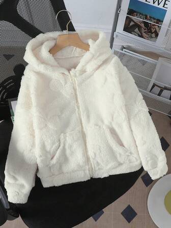 Girls' Plush Jacket, Autumn/Winter, Fashionable Leopard Print, Bow Embroidery, Double-Sided Fleece, Zipper Hoodie, Long Sleeve Casual Outerwear