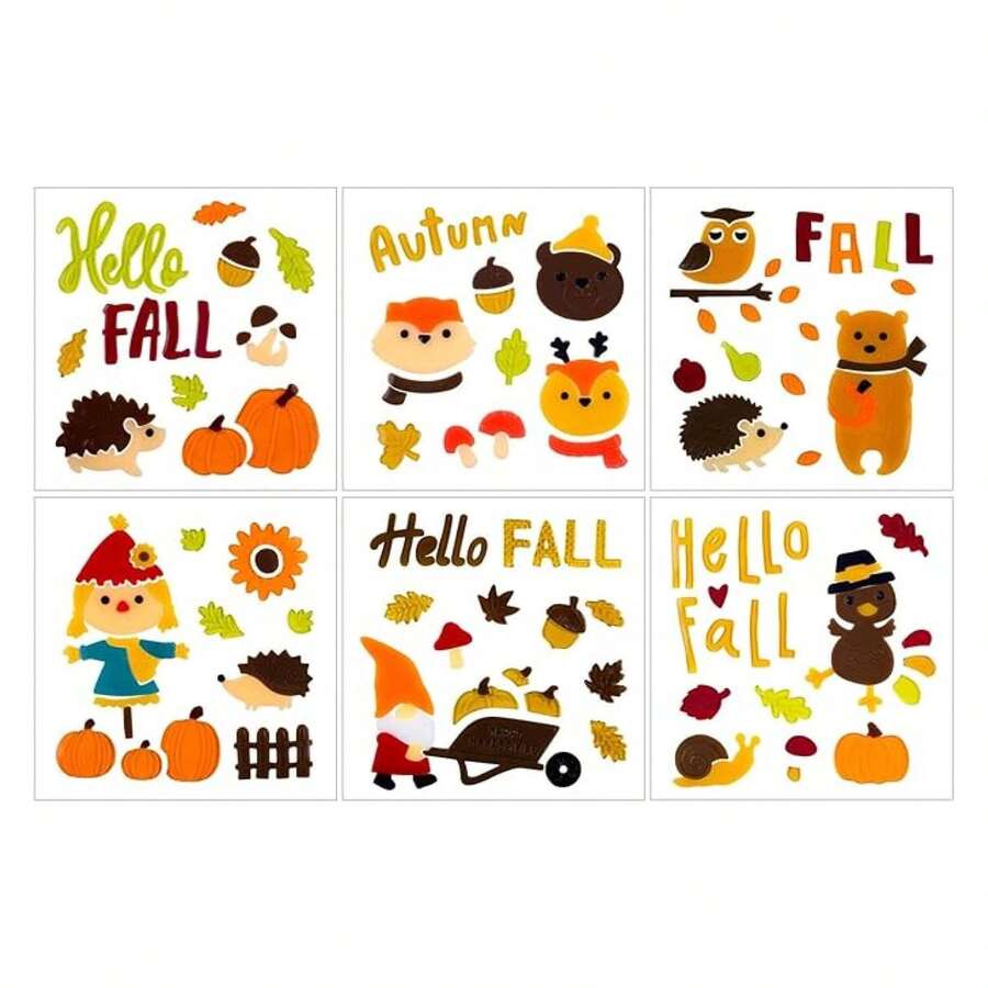Fall Window Clings 6 Sheets, Gel Stickers For Glass, Thanksgiving Decorations, Autumn Leaves Pumpkin Designs - Multicolor 299 - View 1