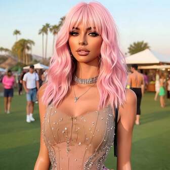 女士短款波浪卷发假发，带刘海，金色渐变挑染，棕色短卷发，齐肩长度，耐热纤维合成假发，适合日常、派对或角色扮演使用。