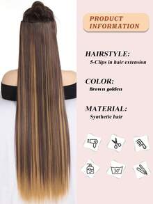超长直发假发片 80厘米 5夹式接发 耐热合成纤维 黑色 金色 棕色 自然款假发片 女士日常佩戴 1片 - 彩色 - 查看 2