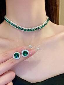 2pcs/Set Green Square Earrings & Necklace With Rhinestones, Elegant Earring Chain Jewelry Set For Women, & Versatile - Dark Green - View 3