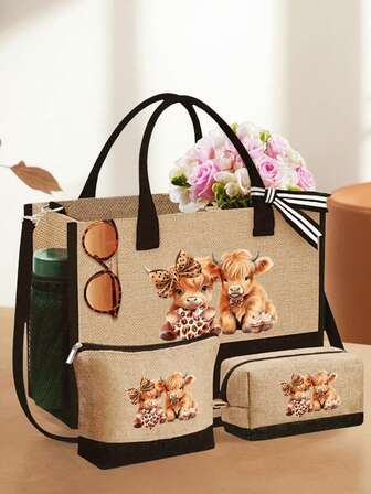 一套可爱迷人的高地牛主题沙滩手提包套装，包含一个手提包和两个化妆包，可定制礼品袋，旅行简易收纳包，旅行化妆包，沙滩包，便携轻巧可折叠收纳包，小钱包，大容量，侧袋，围巾袋，适合女性，可用于工作、约会、上学、购物、海滩、旅行、日常必备，圣诞礼物，生日礼物，手拿包，口袋，女士手拿包，女士礼物，圣诞礼物，女士礼物创意