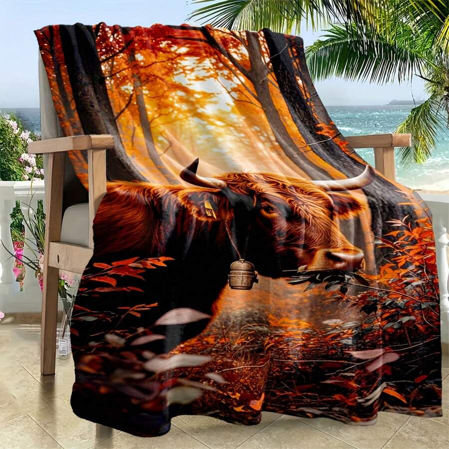 1pc Highland Cow Autumn Forest Flannel Throw Blanket - All-Season Machine Washable Soft Cozy Contemporary Design For Home, Office, Camping, Christmas, Halloween, Birthdays & Weddings, Highland Cow Blanket, Durable Comfort Fabric, Office Comfort, Stylish Decor, Plush Texture, Office Workers-30*40in - Multicolor - View 1