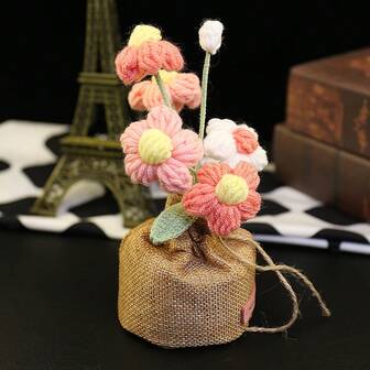 1件手工钩编仿真泡芙花盆栽，永不凋谢的布艺花卉装饰，家居园艺幸运藤蔓盆栽摆件，适合摆放在桌面或车内，家居装饰，人造纱线编织装饰，仿真盆栽摆件