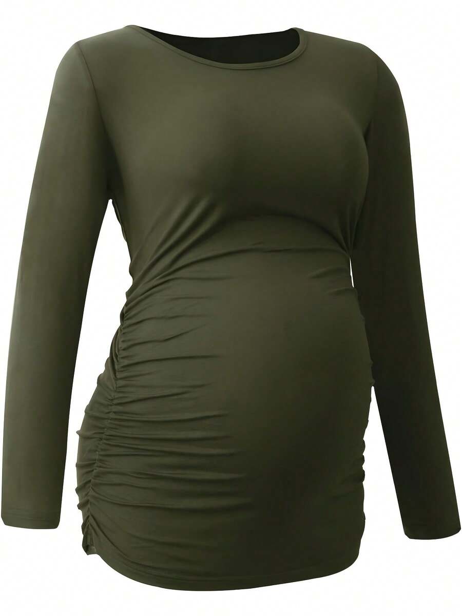 Womens Maternity Long Sleeve Tshirt Classic Side Ruched Tee Top Mama Pregnancy Clothes - xanh quân đội - Xem 1