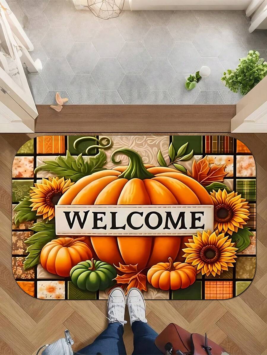 Welcome Mat - Non-Slip, Machine Washable Plush Polyester Doormat - Autumn Harvest Pumpkin And Sunflower Design, Suitable For Entryway, Kitchen, Living Room, Thanksgiving, Graduation Decor - Rectangular Indoor Floor Mat Kitchen Rug