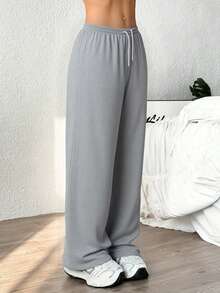 1pc Women's Casual Drawstring Wide Leg Pants, Women's Loose Straight Drawstring Sweatpants, Suitable For Daily Wear, Hiking, Trekking, Cycling - Grey - View 5