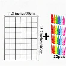 Wall Mounted Grid Rack, For Wire Wall Grid Panel, DIY Photo Storage & Display, Suitable For Room Storage, Photo Wall Display, Living Room & Office Decor [Comes With 2 Random Color Wall Hooks/Clips]