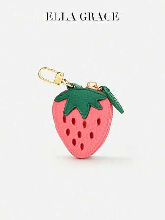 ELLA GRACE-Lindo dije de bolso de cuero con forma de fresa - Monedero con cremallera y soporte para AirTag, accesorio elegante y práctico para bolsos/llaves, regalo perfecto para niñas y mujeres, billetera, monedero mini, monedero pequeño, monedero lindo, llavero monedero, regalos, rellenos de calcetines, accesorios