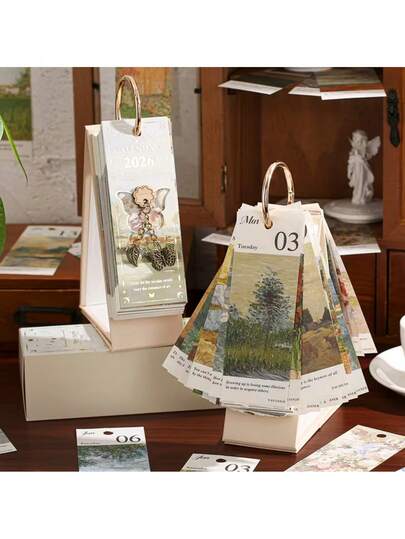 Calendario de escritorio retro y elegante, diseño de anillo dorado - Libro de planificación de 365 días, que incluye etiquetas mensuales, diseño diario y citas inspiradoras - Mecanismo de cambio de página unidireccional adecuado para uso doméstico, oficina y organizativo - Tamaño A4 resistente (compatible con archivadores) - Regalo ideal para planificadores y entusiastas de la papelería