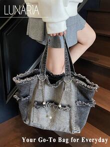 New Fashion Street Chain Decorated Jeans Tote Bag, Versatile Commuting Large Capacity Raw Edge Design Shoulder Bag, Casual Multi-Pocket Handbag, Suitable For Shopping And Commuting. - Nhiều màu - Xem 5