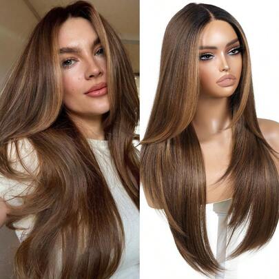 GSYY Brown And Blonde Highlig Wear And Go Glues Wig With Bangs Layered Pre Plucked Pre Cut HD Lace Front Nthetic Wigs For Wen Ready To Wear Middle Part 26 Inch