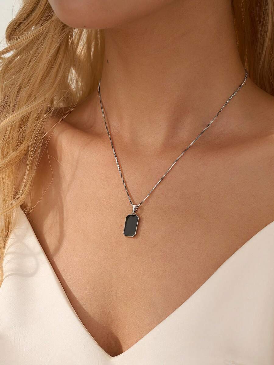Nooxian 1pc Fashionable Geometric Element Long Black Pendant Necklace For Women - Silver - View 1