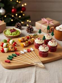 50/100pcs Christmas Tree Bamboo Picks, Christmas Decorations, Cocktail Forks, Essential For Christmas Night, Family Gathering, Fixing Burgers, Decorating Fruit Plates, Elegant Cocktail Sticks, Bamboo Fruit Skewers, Food Holidays, Appetizer Skewers, With Christmas Tree Topper - Multicolor - View 6